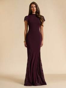 SHEIN BAE Women's Burgundy Semi-High Neck Short Sleeve Lace Inset Patchwork Elegant Dress Formal Banquet Dinner Date Birthday Autumn - Purple - View 4