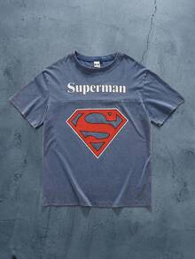 SUPERMAN X SHEIN Men's Summer Casual Letter Print T-Shirt - Blue - View 3