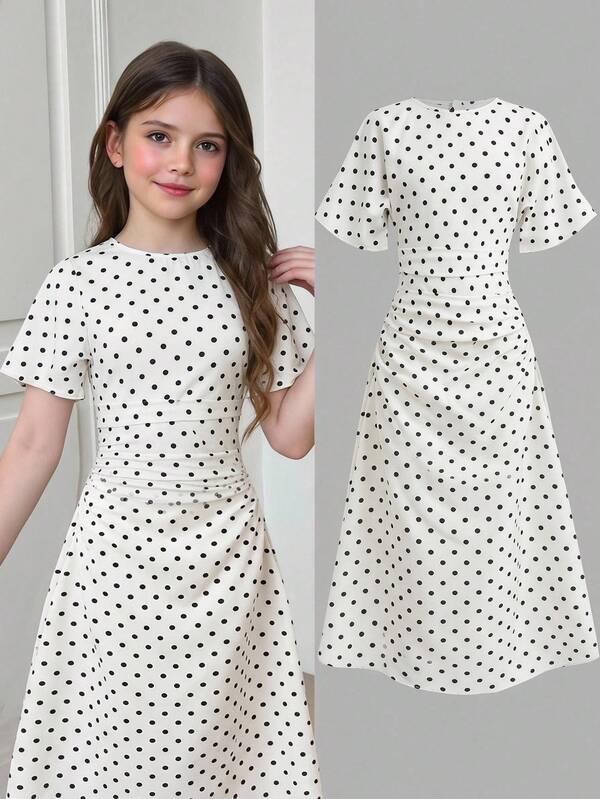 SHEIN Tween Girl Casual Elegant Polka Dot Print Elegant Summer Dress, Polka Dot Dress, Formal Dress