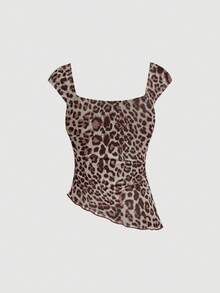 SHEIN MOD Bow Asymmetric Ruched Mesh Grey Leopard Print Print Top Club Night Summer Sexy - Brown - View 4