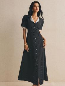 Poéselle Women's Summer Elegant Polka Dot Print Front Button Dress Party Black And White Polka Dot - Black - View 3
