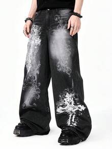 ROMWE MEN Jeans rectos de ajuste holgado con estampado lavado de peso pesado para hombres - Negro - Ver 3