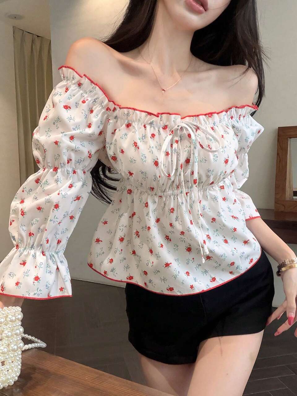 Summer Autumn Square Neck Floral Red Cinched Waist Bell Sleeve Pastoral Style Casual Vacation Cute Women's Blouse