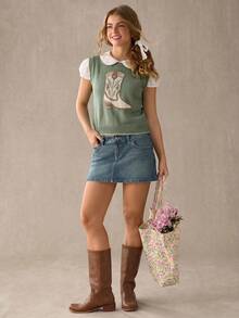 WESTFADE Cowboy Boot Contrast Stitch Sweater Vest Top, Country Style For Women - Green - View 6