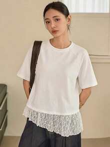 Dazy-Less Women's Lace Patchwork Solid Color Casual Round Neck Short Sleeve T-Shirt, Spring/Summer - White - View 4