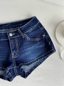 Elamini Low-Rise Contrast Color Denim Shorts - Blue - View 4