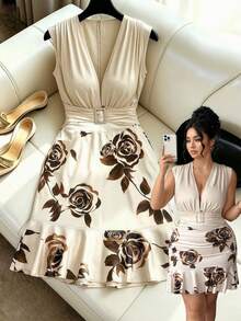 Elenzga Gaun Mini Bodycon Tanpa Lengan Motif Mawar Rajut Satin dengan Dekorasi Gesper Berlian Elegan untuk Wanita Ukuran Plus, Musim Semi/Panas - Aprikot - View 3