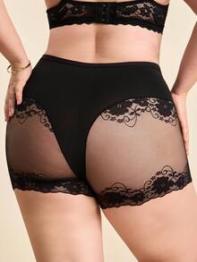 Hourtrue 1条装女士高腰加大码内裤 0XL-4XL，柔软舒适弹力面料，优雅蕾丝拼接设计，透气支撑，多条装日常穿着内衣 - 黑色 - 查看 2