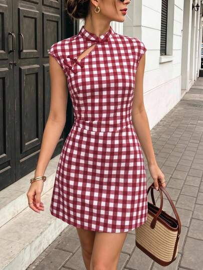 EastFlair Women's Elegant Sexy Plaid Waist Cinching Short Dress, Summer Golf White