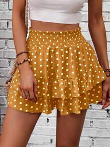 SHEIN Holidaya Waist Gathered Faux Linen Printed Double Layer Ruffle Skort - Orange - View 4