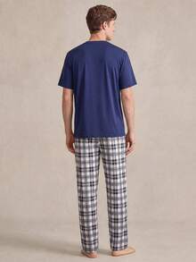 EverLounge Men's Solid Color Crew Neck Short Sleeve Minimalist T-Shirt And Plaid Long Pants Loungewear Set - Royal Blue - View 2