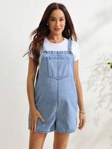 SHEIN Maternity Casual Denim Overall Shorts With Pocket Design - Medium Wash - View 9