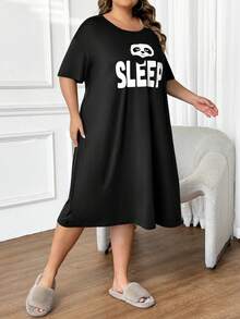 SHEIN CURVE+ Plus Size Women Round Neck Letter & Panda Print Casual Party Dress - Black - View 3
