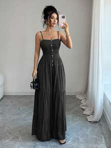 Elenzga Women's Solid Color Pleated Faux Denim Button Strap Sleeveless Ruffle Jumpsuit - Black - View 4