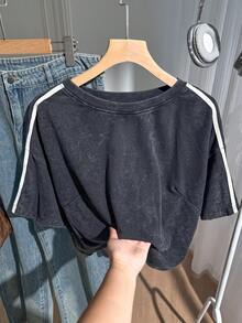 Comfortcana Spring Pure Cotton Snow Wash Plus Size Short Sleeve T-Shirt - Black - View 6