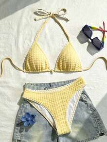 Swim Vcay 女款兩件式泳衣套裝，特殊面料，掛脖綁帶，露背，貝殼設計，夏季度假海灘 - 彩色 - 查看 4
