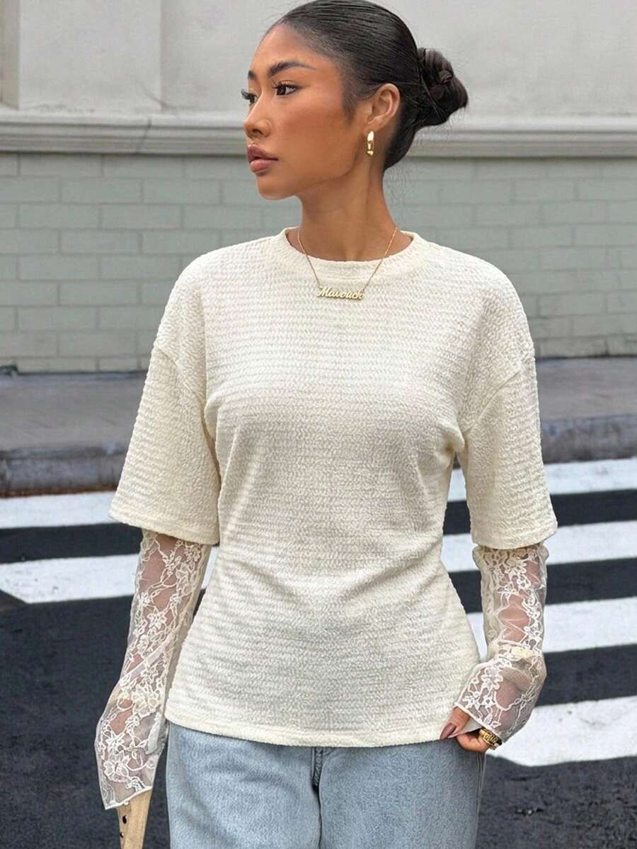 Muchica 女士蕾丝拼接荷叶边修身休闲日常T恤 - 杏色 - 查看 1