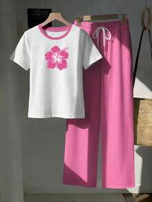 SHEIN Essnce 2件組刺繡圓領短袖上衣與條紋印花長褲，休閒風 - 粉色 - 查看 6