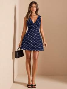 SHEIN BAE Frühling/Sommer einfarbiges schwarzes Polka-Dot-Muster V-Ausschnitt Spaghettiträger A-Linie figurbetontes Damen Minikleid, Urlaubskleid, Polka-Dot-Kleid - marineblau - Übersicht 1