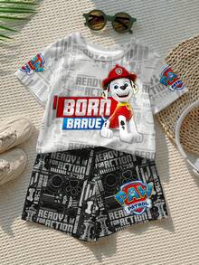 SHEIN | PAW Patrol 兒童小男孩休閒簡約T恤套裝，經典勇敢卡通圖案印花，Chase、Rubble、3D圖案印花，精緻徽章Logo圖案印花 - 彩色 - 查看 2