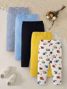 SHEIN Playful Pals 男嬰彈性腰圍休閒百搭日常外出長褲 5件/組 - 彩色 - 查看 3