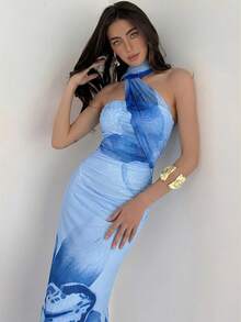 Aloruh Gaun Panjang Wanita Motif Bunga Berlipit Elegan untuk Pesta, Menonjolkan Pinggang, dengan Leher Halter - Baby Blue - View 7