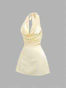 Sweetra Women's New Fashion Versatile Cream Satin Glossy Halter Neck Deep V Pleated Cinched Waist Backless High-End Short Dress - Light Yellow - View 3