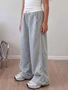 Mom & Tween Girls Matching Grey Wide Leg Sweatpants, Elastic Waist Drawstring Pants, Family Set - Grey - View 5
