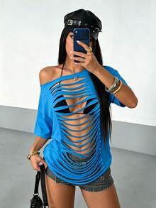 StreetHx T-shirt court à manches courtes oversize pour femmes, blanc, déchiré à l'avant, sexy, ajouré avec design à franges. Style à la mode Y2K, baddie, punk rock. Convient pour les festivals de musique - bleu indigo - Voir 6