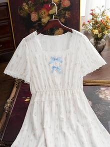Côtesoire French Elegant Pastoral Ditsy Floral Contrast Color Bow Ruffle Lace Patchwork Loose Comfortable Plus Size Nightgown White Summer - Multicolor - View 3