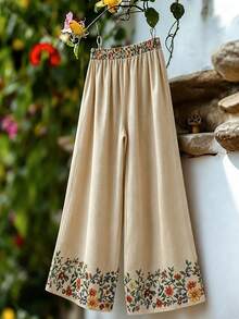 SHEIN Franclia 女士度假休闲竹纤维印花优雅长裤 - 卡其色 - 查看 2