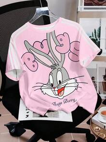 LOONEY TUNES X SHEIN 女士休闲字母卡通图案圆领短袖T恤，夏季 - 白色 - 查看 3