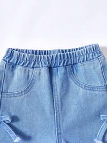 SHEIN Genkimix Kids 女嬰休閒百搭時尚甜美可愛精緻小公主蝴蝶結寬鬆直筒舒適水洗藍牛仔長褲，適合外出、派對、花園與公園散步、家庭時光 - 深色水洗藍 - 查看 3