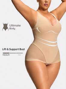 SHAPORA Plus Size Shaping Plunge Deep-V Shapewear Brief Bodysuit Body Shaper Butt Lifter -Tummy Waist Thigh Control - Apricot - View 1