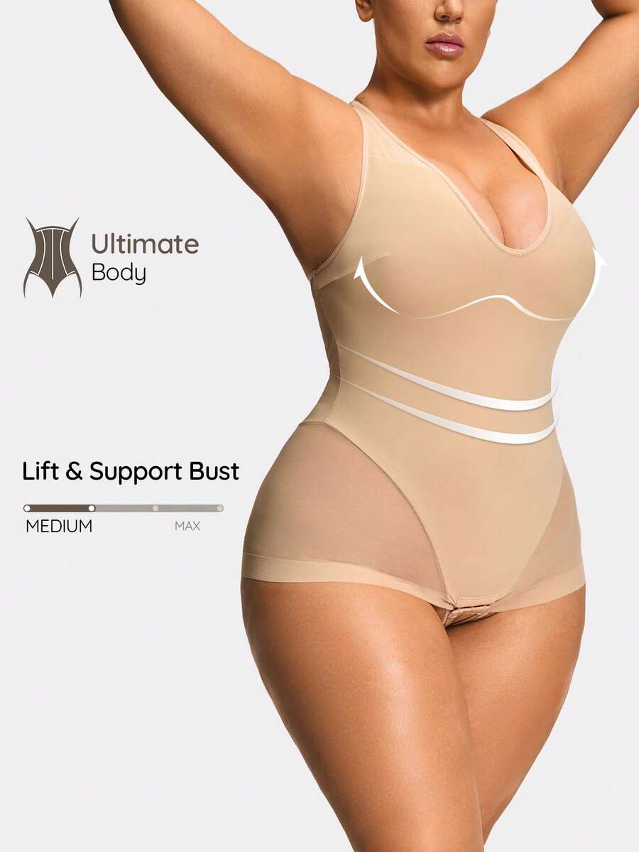 SHAPORA Plus Size Shaping Plunge Deep-V Shapewear Brief Bodysuit Body Shaper Butt Lifter -Tummy Waist Thigh Control - Apricot - View 1