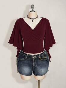 SHEIN ICON Women's Plus Size Cross V-Neck Ruffle Short Sleeve Casual T-Shirt - Red Violet - View 3