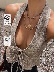 Livesso Halter Neck Tie Print Women's Denim Top Summer Holiday Vacation Night Out Light Beige Sexy - Coffee Brown - View 1