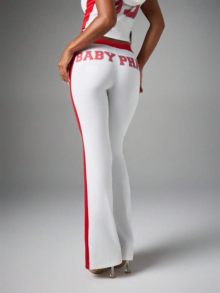 BABYPHAT Leggings acampanados con bloques de color, estampado de logotipo universitario y detalle de franja lateral en contraste, estilo deportivo chic para el día del juego de fútbol de la Copa del Mundo 2026, jersey de ropa de calle