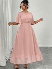 Modelyn Vestido de gasa elegante para mujer talla grande, cuello redondo, mangas acampanadas con volantes, ajustado y drapeado, primavera/verano - Rosa - Ver 4