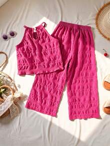SHEIN Vintaside Kids 女童休閒簡約時尚日常圓領掛脖無袖短版純色紋理面料客製化綠色夏季背心彈性腰鬆款長休閒長褲背心套裝女童開學穿搭夏季出遊度假服 - 玫紅色 - 查看 2
