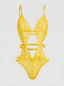 ROMWE Goth Eyelash Lace Sexy Bodysuit Lingerie - Yellow - View 5