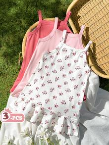 SHEIN Baby Girls Spring And Summer Comfortable, Simple, Fresh Multi-Color Halter Top Dress Set. Sweet, Lively And Adorable Country Style. Made Of Knitted Fabric, With Moderate Thickness. A-Line Shape, Ruffled Skirt And Floral Patterns. Suitable For Various Occasions Such As Daily Outings, Vacation Trips, And Relaxation. - Multicolor - View 4