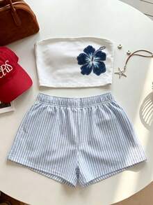 Tseoso Women's 2 Pieces: Blue-White Shorts + Blue Hibiscus Bandeau; Y2K Soft/Clean Girl; Vacation; Beach - Multicolor - View 4