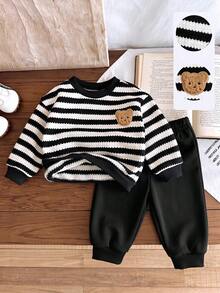 SHEIN 2件/套 青少年男孩 青少年女孩 青少年男孩 秋冬條紋圓領運動衫 & 長褲運動套裝慢跑褲，冬季衣物 - 黑與白 - 查看 4
