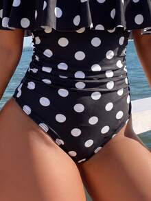 Swim Lushoire Spring/Summer Black & White Polka Dot Random Print Ruffle Off-Shoulder Side Ruched One-Piece Women's Swimsuit Festival Boho - Multicolor - View 3