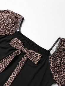 Rometta Plus Size Women's Summer New Leopard Print Patchwork Square Neck Slimming Bow Decor Fashion Elegant Sophisticated Sexy Long Dress, Suitable For Daily Casual, Commute, Shopping - Multicolor - View 8
