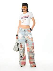 SUMWON WOMEN American Flag Print Distressed Ripped Baggy Wide Leg Jeans Stars Stripes Patriotic Denim 4th July - Blue - View 6