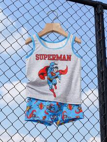 SUPERMAN X SHEIN 男童夏季圖案無袖上衣+短褲套裝，幼兒居家與戶外穿著 - 藍色 - 查看 3