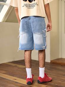 Whitmere American Distressed Five-Pointed Heart Pattern Denim Shorts For Men, Fashionable Frayed Hem Casual Versatile Knee-Length Denim Shorts, Streetwear Jeans, Versatile Street Style, Breathable Casual Shorts For Summer Commute - Blue - View 2