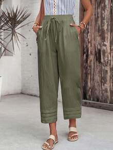 EMERY ROSE Pantalones largos holgados casuales con bolsillo y lazo en la cintura de unicolor para mujer - Verde Caza - Ver 8